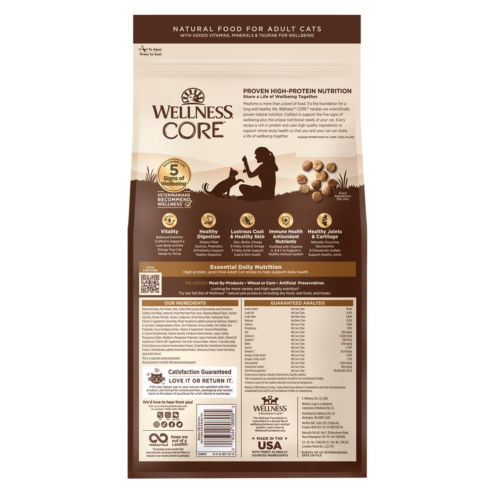 "Wellness CORE Adult Turkey, Turkey Meal & Duck Grain-Free Dry Cat Food"