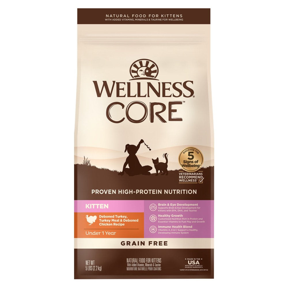 "'FREE CANNED FOOD': Wellness CORE Kitten Deboned Turkey, Turkey Meal & Deboned Chicken Grain-Free Dry Cat Food 5lb"