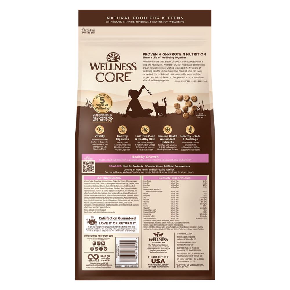 "'FREE CANNED FOOD': Wellness CORE Kitten Deboned Turkey, Turkey Meal & Deboned Chicken Grain-Free Dry Cat Food 5lb"