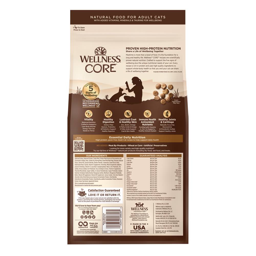 "'FREE TREATS': Wellness CORE Original Deboned Turkey, Turkey Meal & Chicken Meal Grain-Free Adult Dry Cat Food"